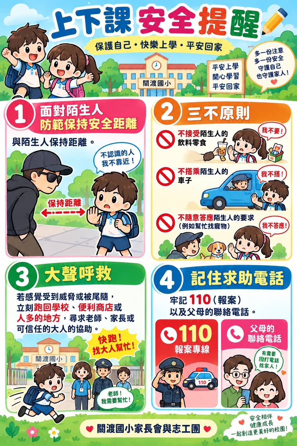 上下課安全提醒海報：面對陌生人保持距離、三不原則、大聲呼救、記住求助電話